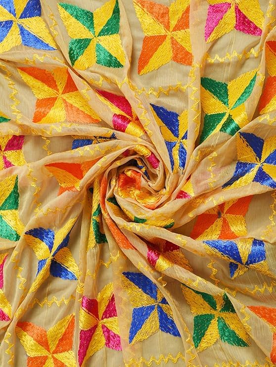Punjabi Hand Embroidery Phulkari Faux Chiffon Dupatta, Stoles