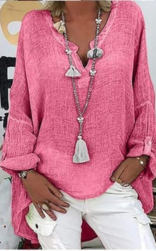 Women's V-Neck Solid Color Slub Linen Shirt Dress