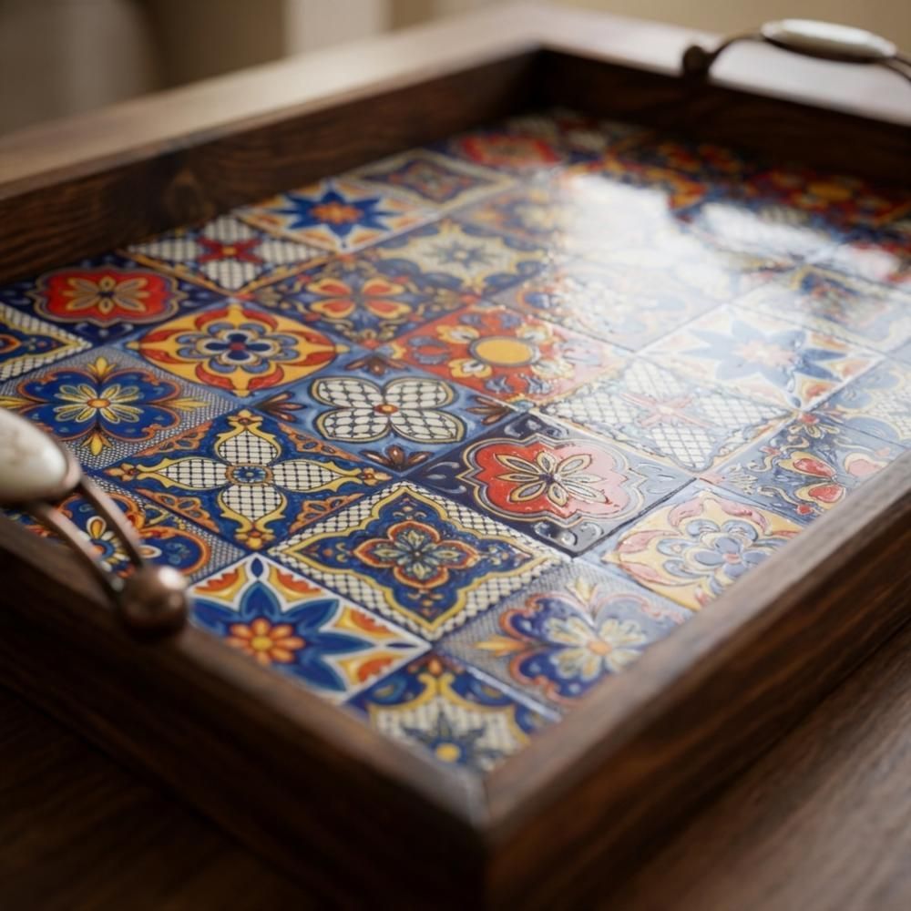 Handmade Wooden Tray, Turkish Tile Pattern, Ottoman Coffee Table Decor