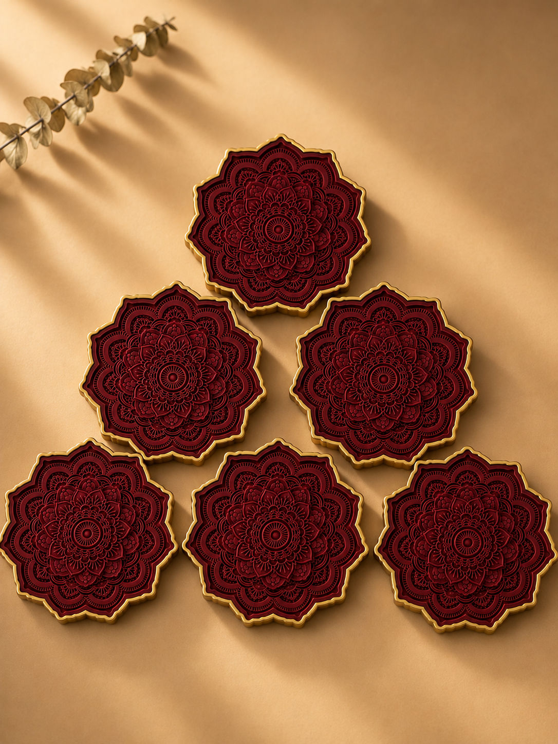 Antique Arch Handmade Porcelain Coasters – Burgundy & Gold (Set of 6)