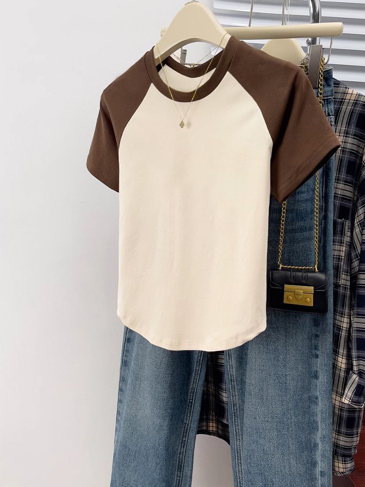 Pure Cotton Curved Hem Round Neck Short Sleeve T Shirt For Women
