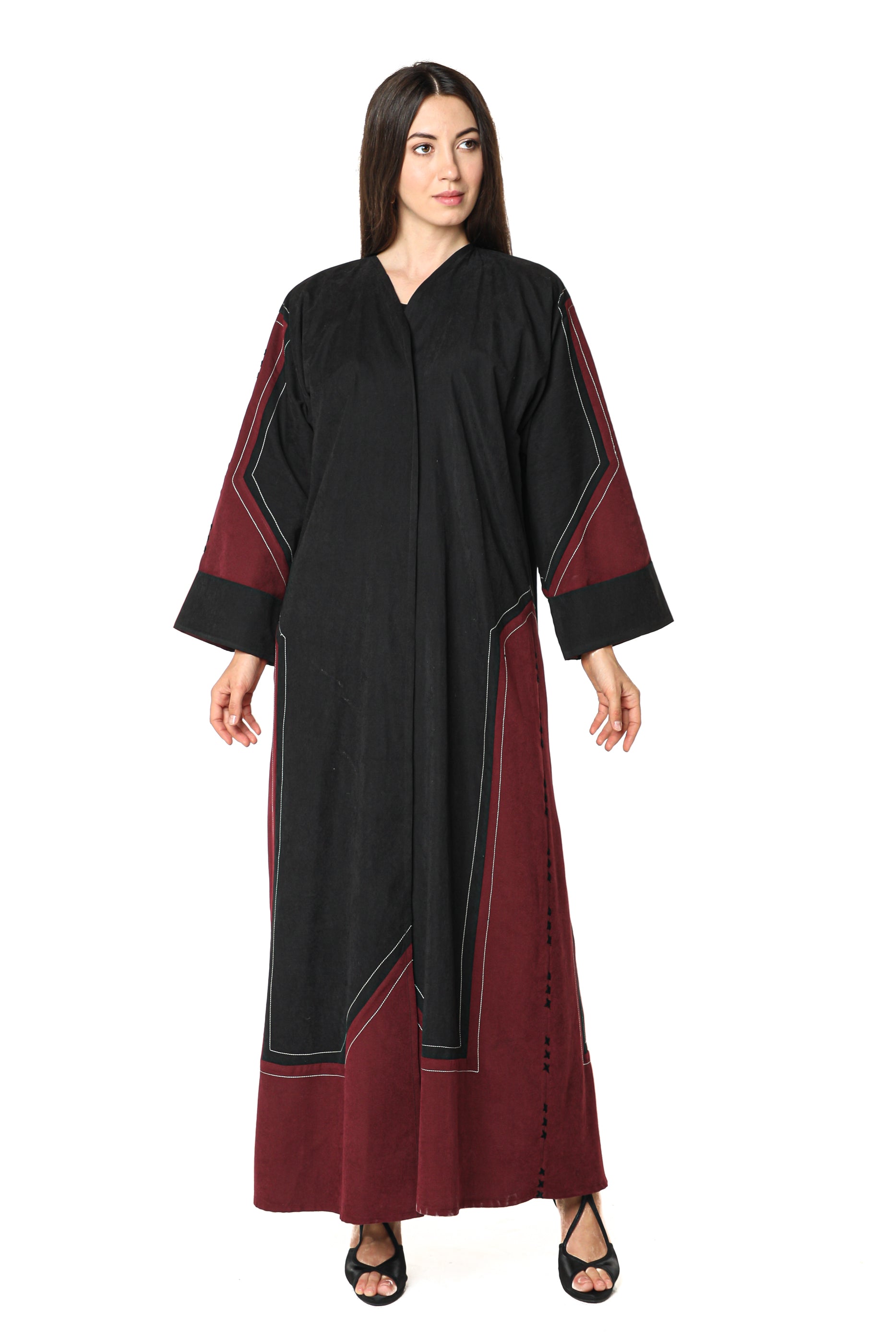 MOiSTREET Black and Maroon Shamua Abaya with Thread Work
