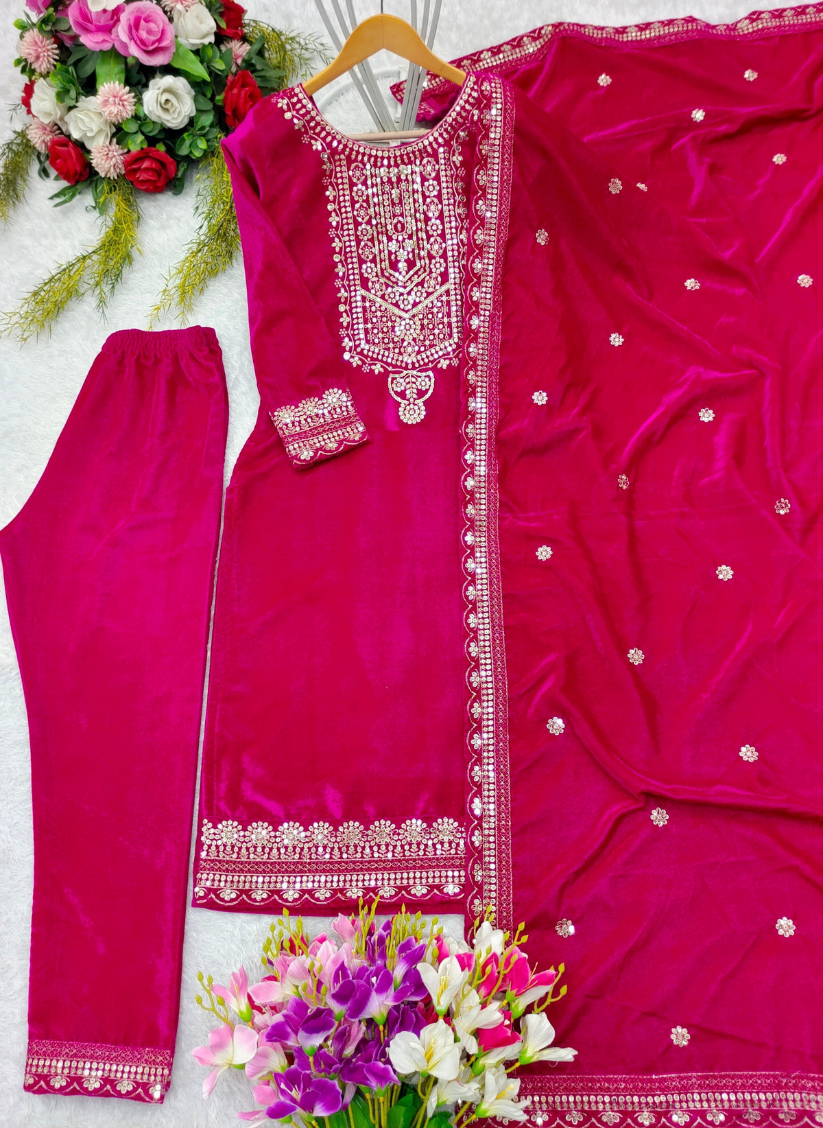 Fab Zone Designer Party Wear Look Velvet Top -Pent And Dupatta