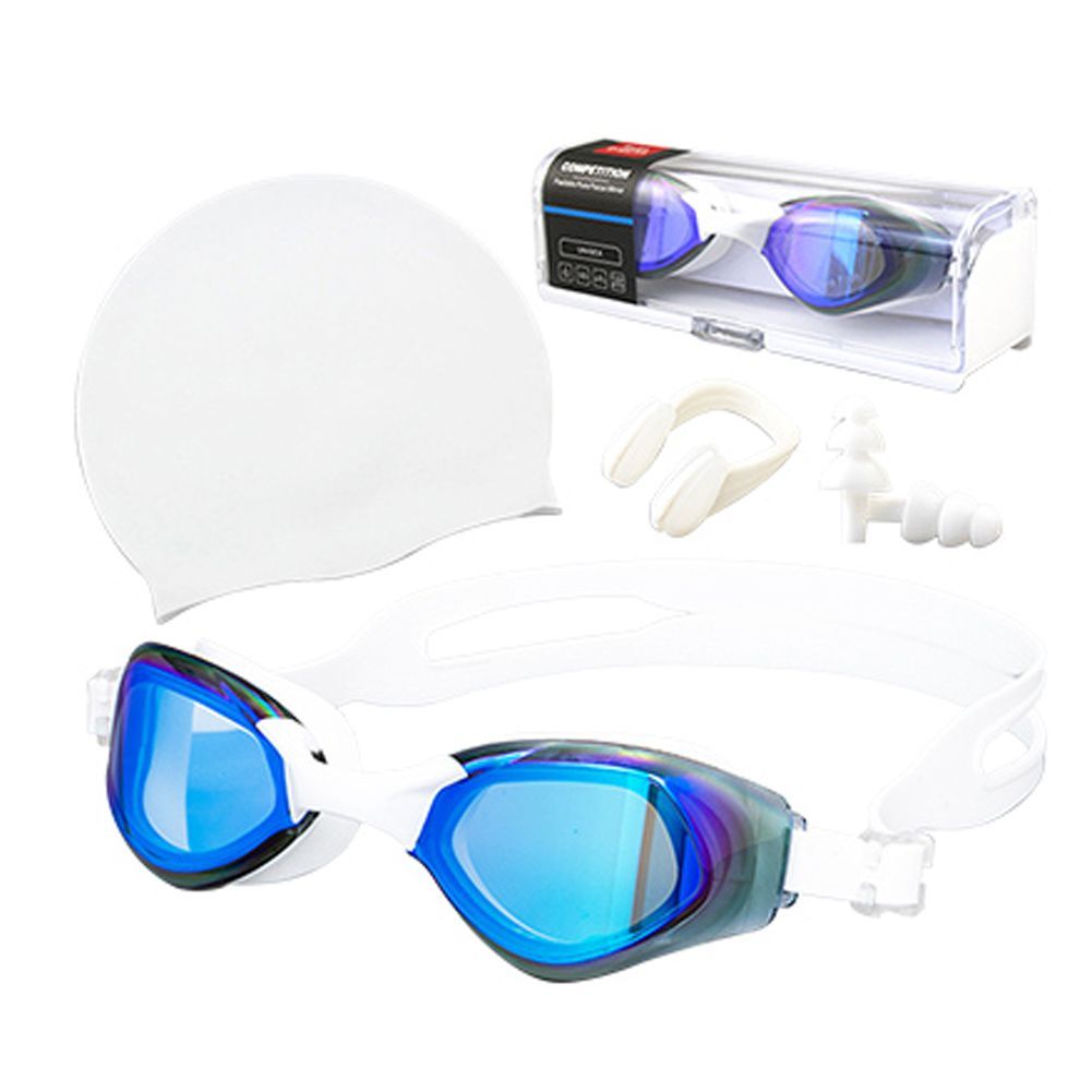 4Pcs Swim Goggles Set Anti Fog Adjustable Goggles Cap Earplug Nose Clip Set