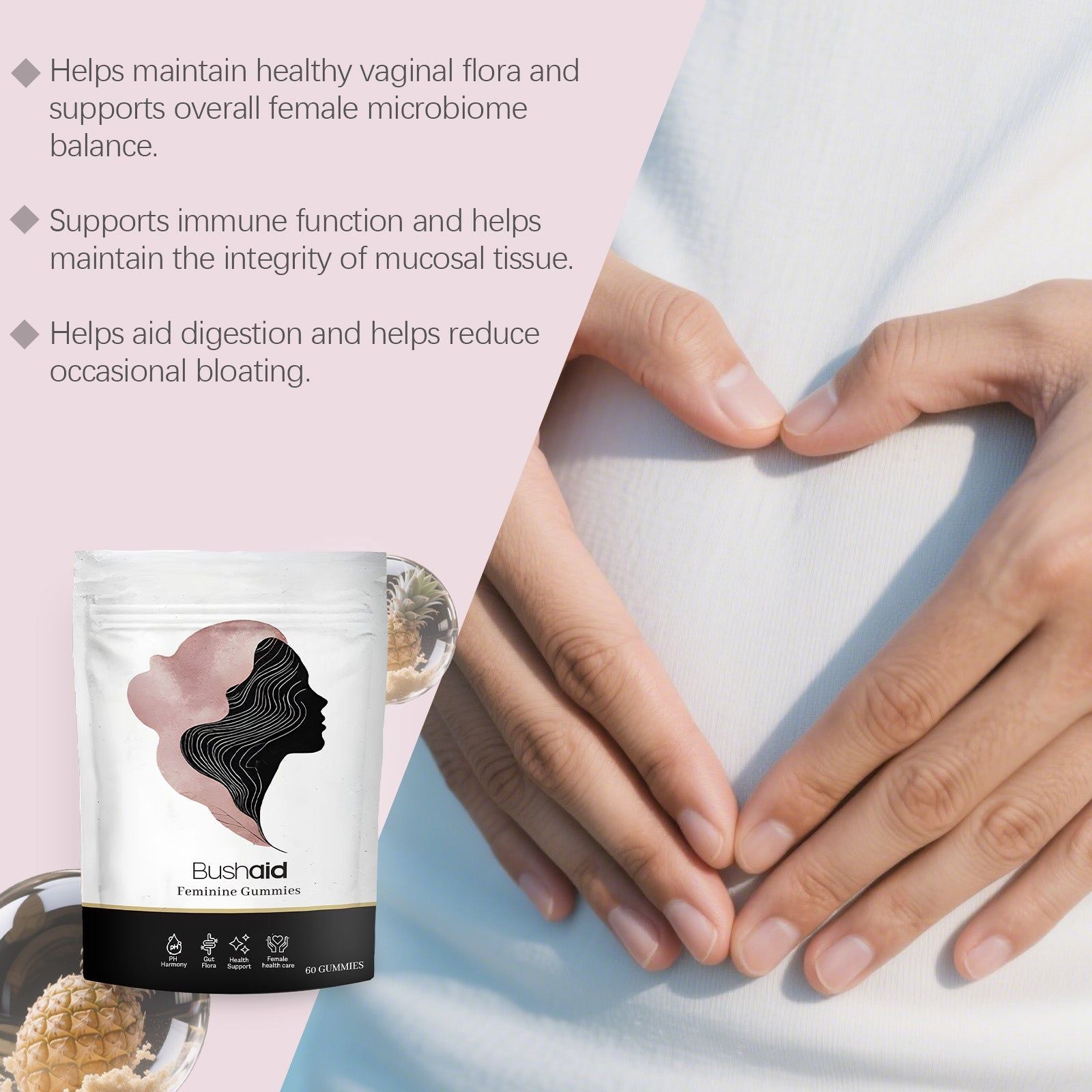 BushAid Feminine Gummies for Body Care, Support Vaginal Health, Immune Boost ,60gummies