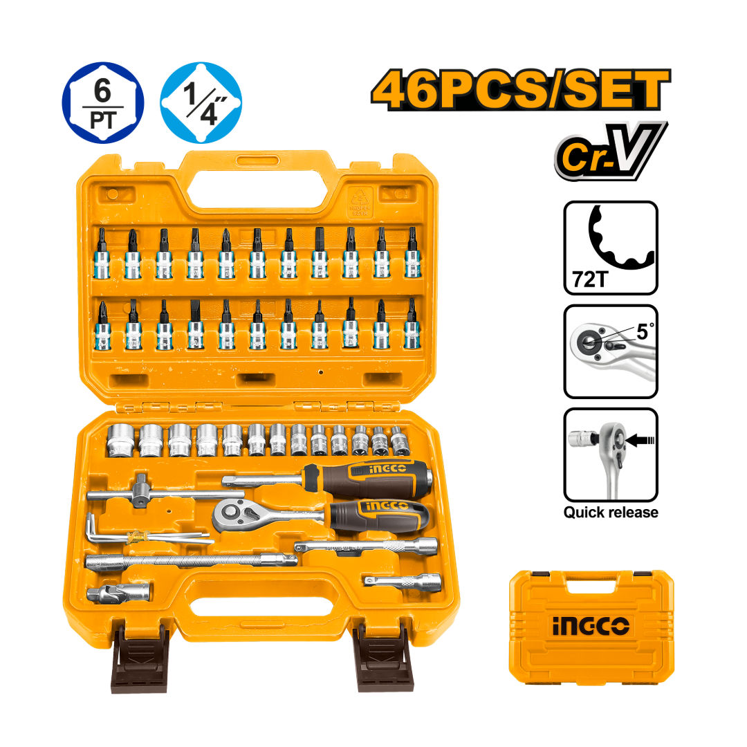 INGCO 46-Pieces 1/4" Socket Set, 72T Ratchet, Cr-V 50Bv30