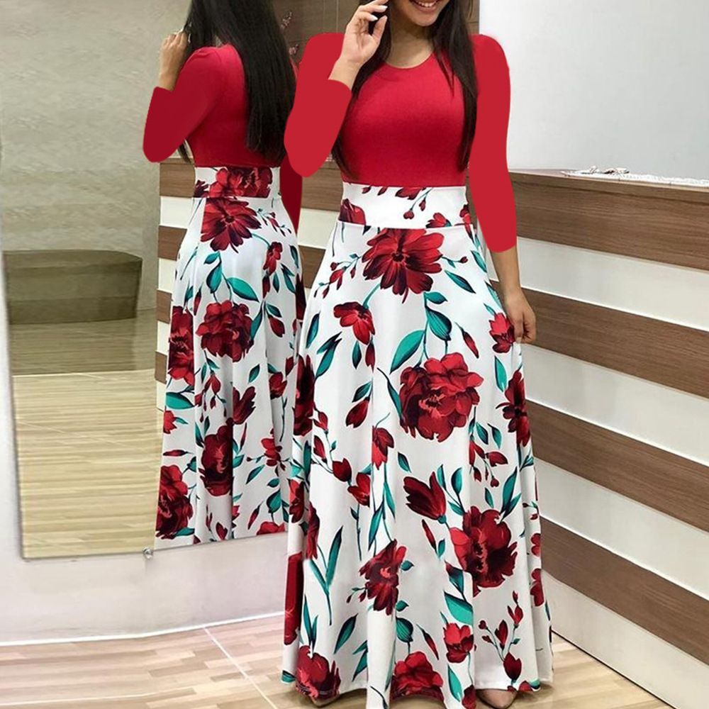 Spring And Summer Women's Floral Print Long-Sleeve Round Neck Long Dress