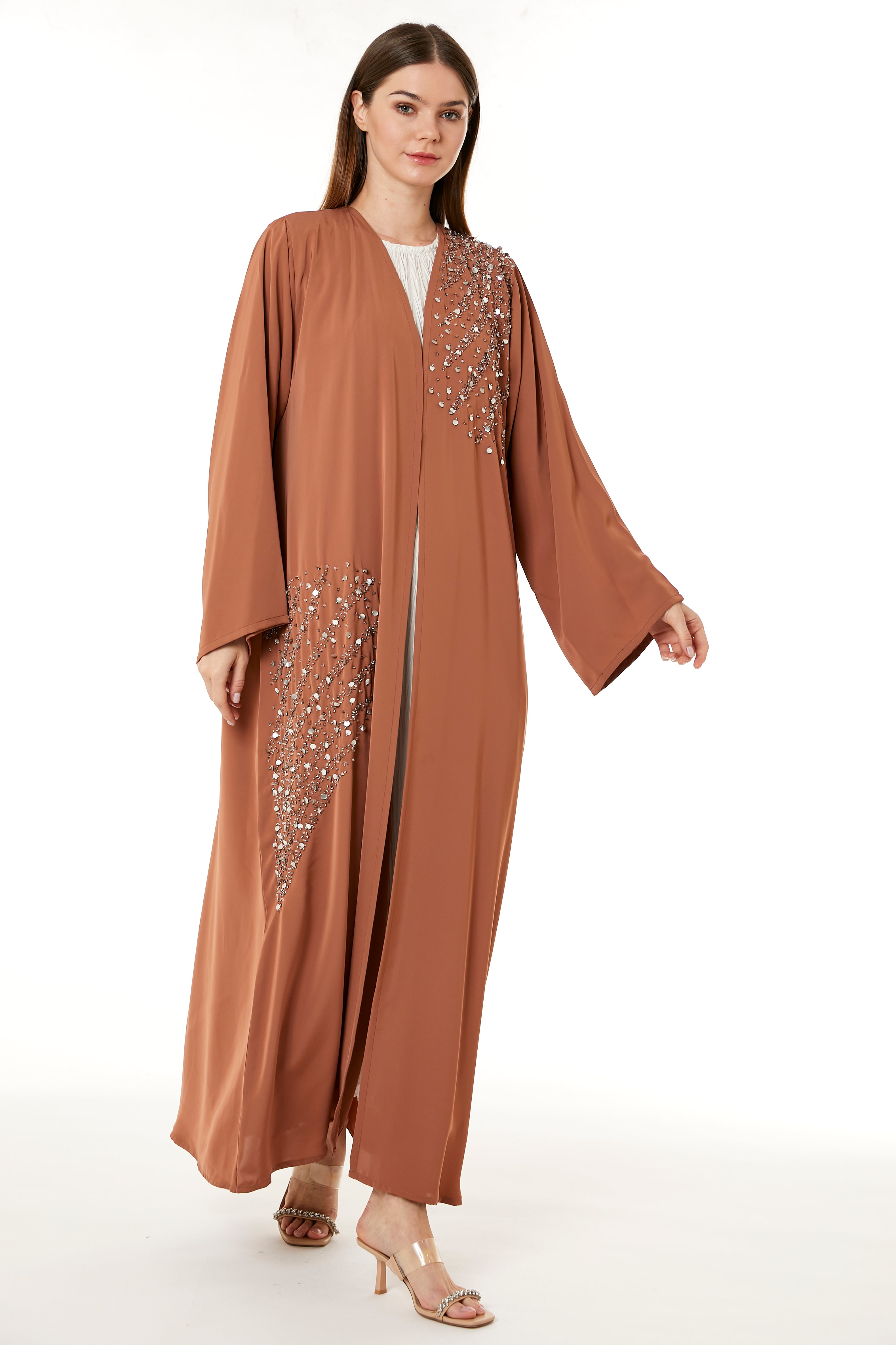 MOiSTREET Orange Korean Nida Hand Embellished Abaya