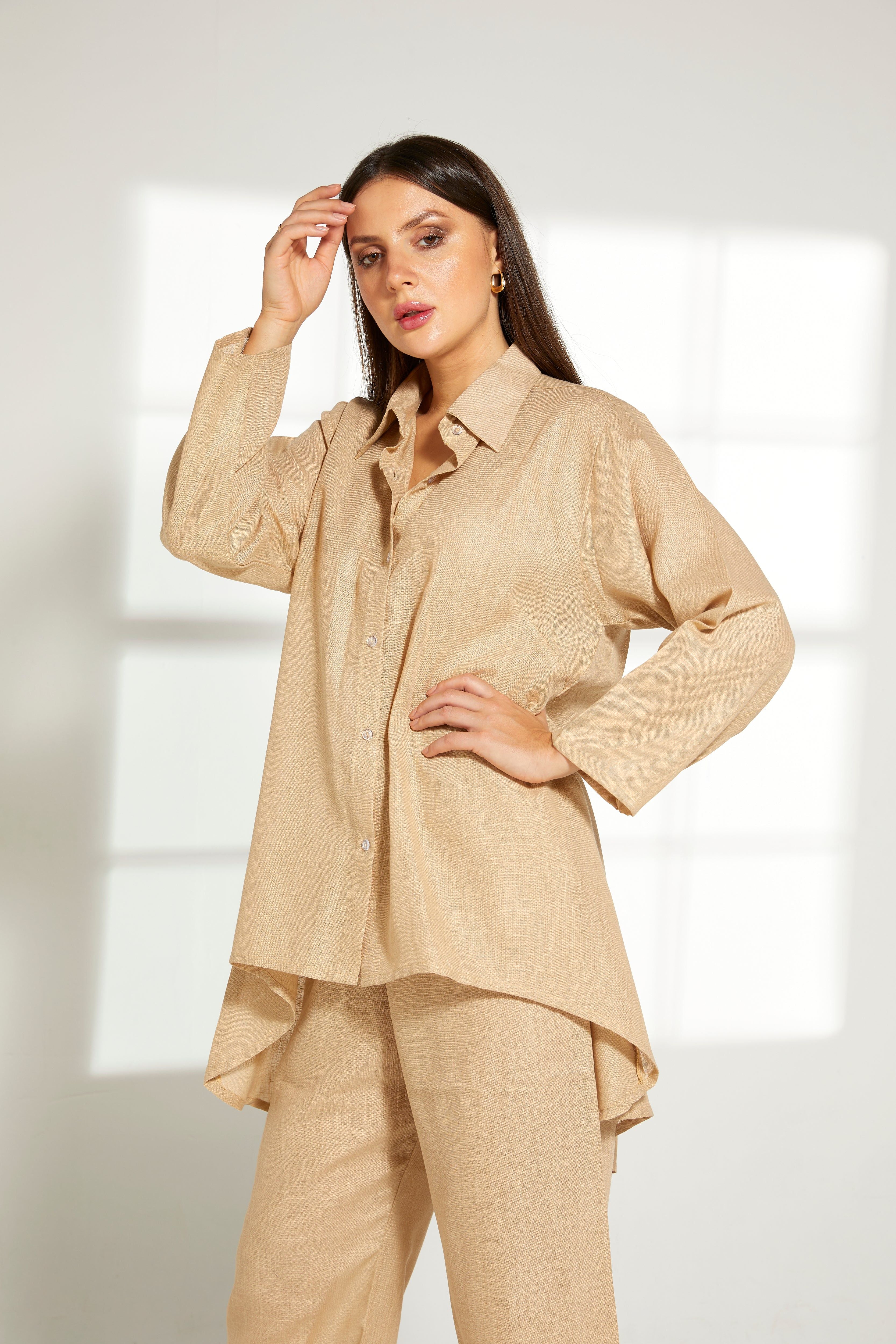 MOiSTREET Beige Linen Fabric Top and Pants Set