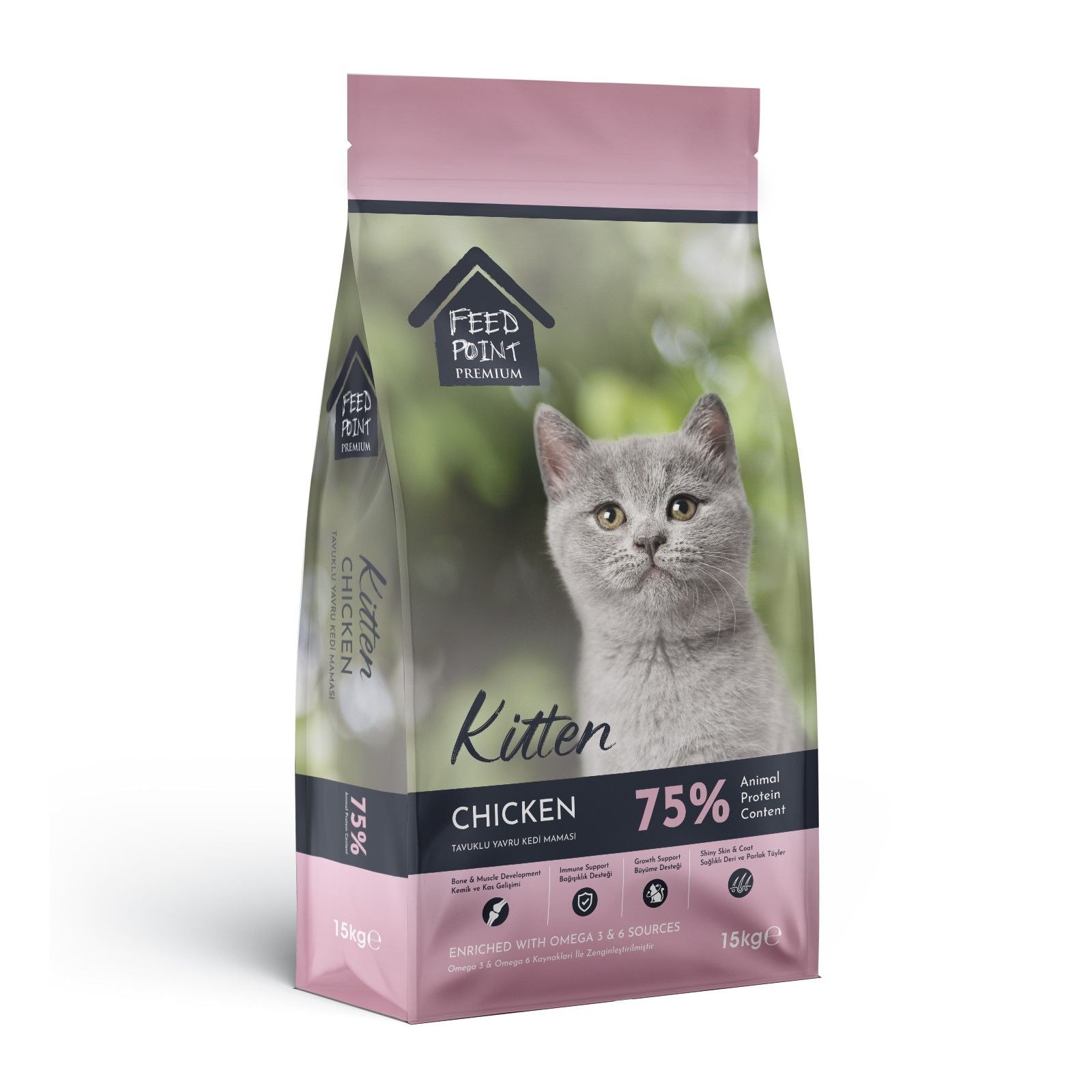 Feed Point Kitten Food with Chicken & Rice, High Protein, Healthy Growth, Shiny Coat & Strong Immunity, Complete Balanced Nutrition, 15kg