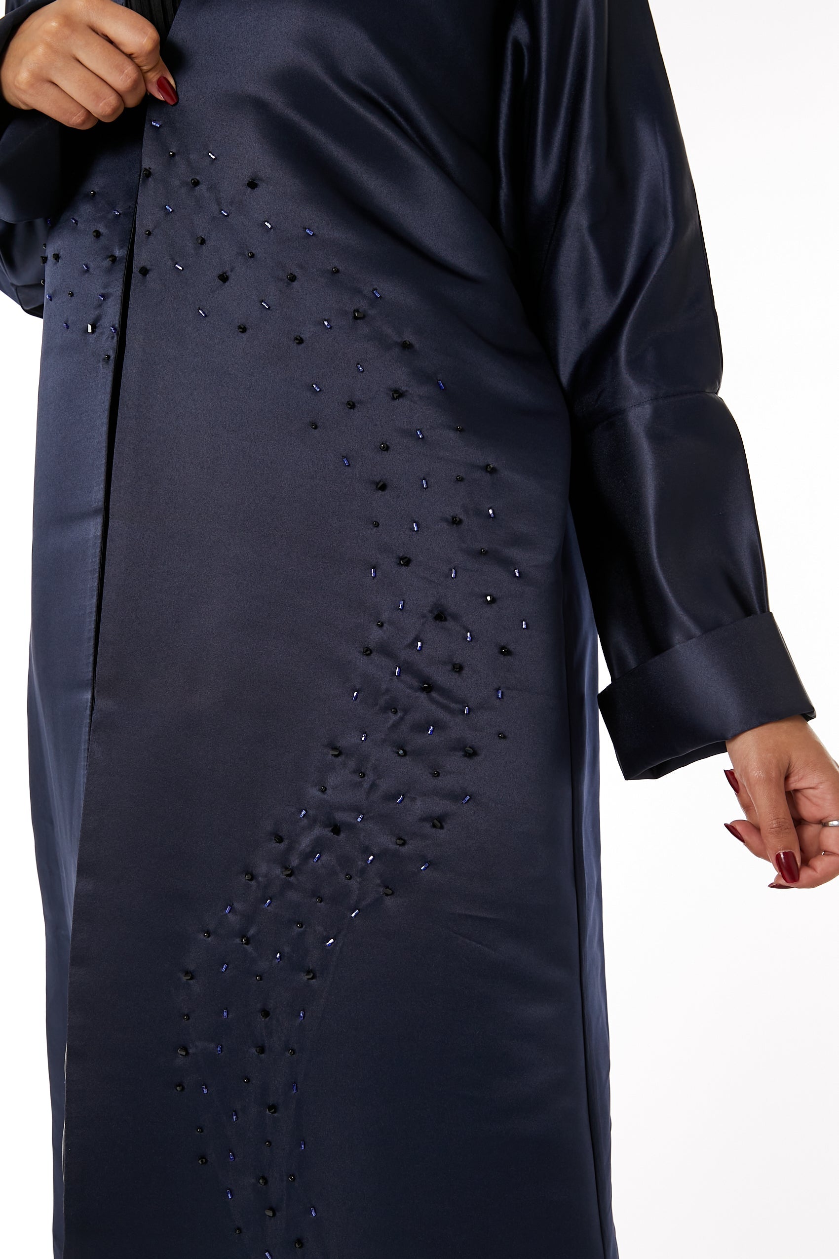 MOiSTREET Navy Bridal Satin Embellished Open Abaya