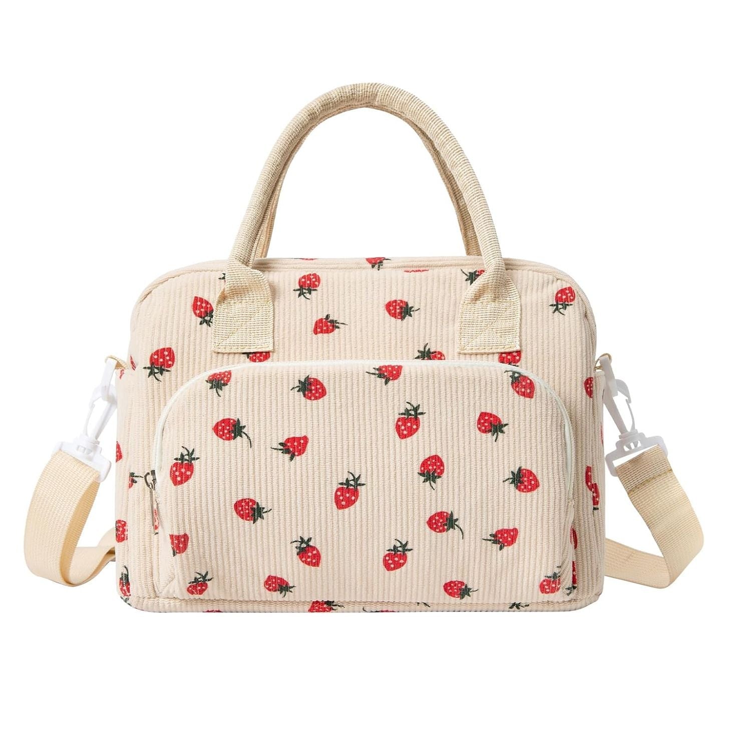 Strawberry Print Lunch Bag Large Capacity Food Storage Tote with Shoulder Strap