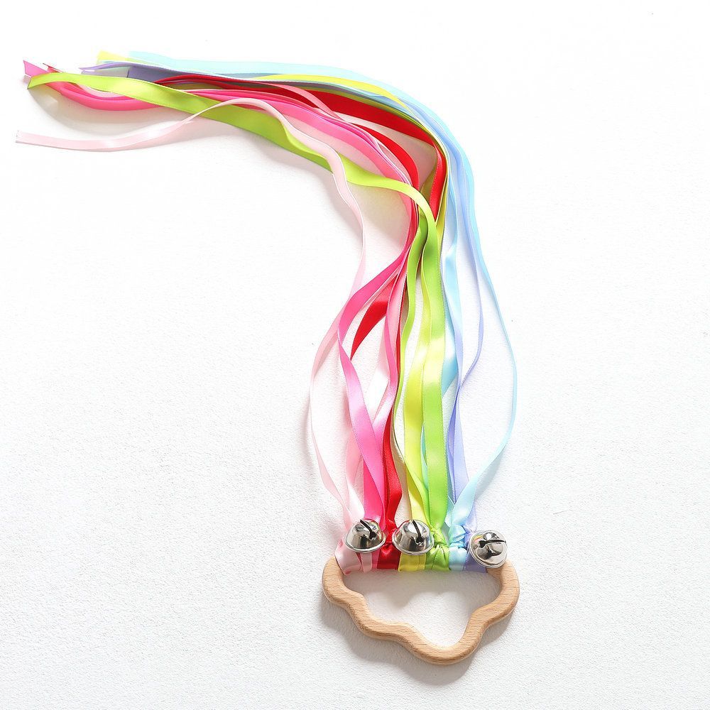 2pcs Rainbow Ribbon Rattle Ring Toys Molar Wooden Circle Baby Teether Sensory Toy Gifts