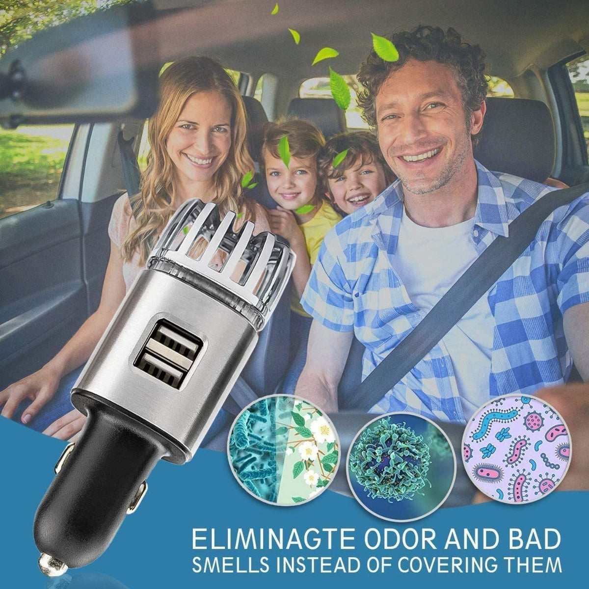 Car Air Purifier Ionizer Anti-Microbial Deodorizer Air Freshener With Dual USB Charger