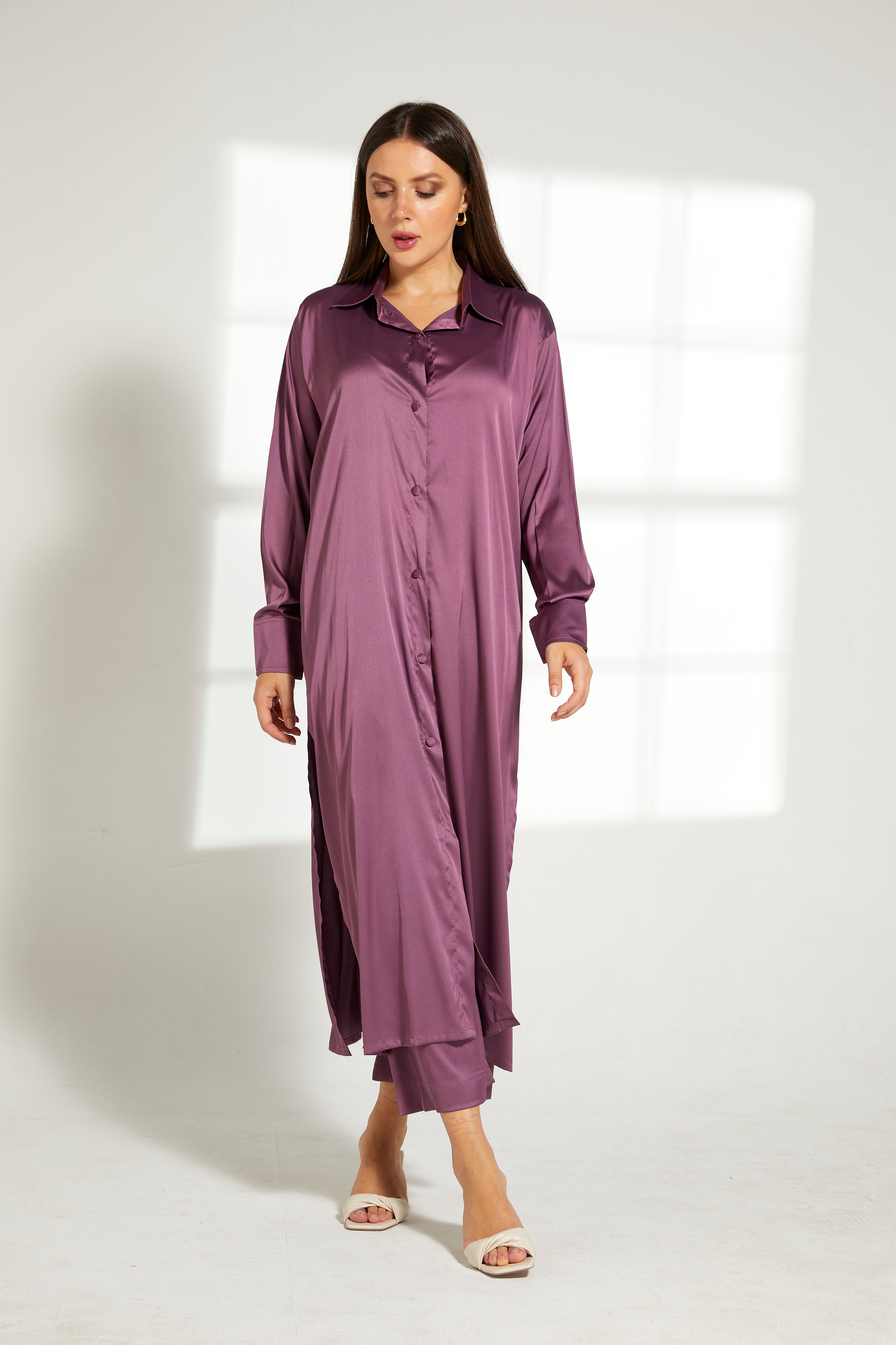 MOiSTREET Purple Silk Fabric Top and Pants Set