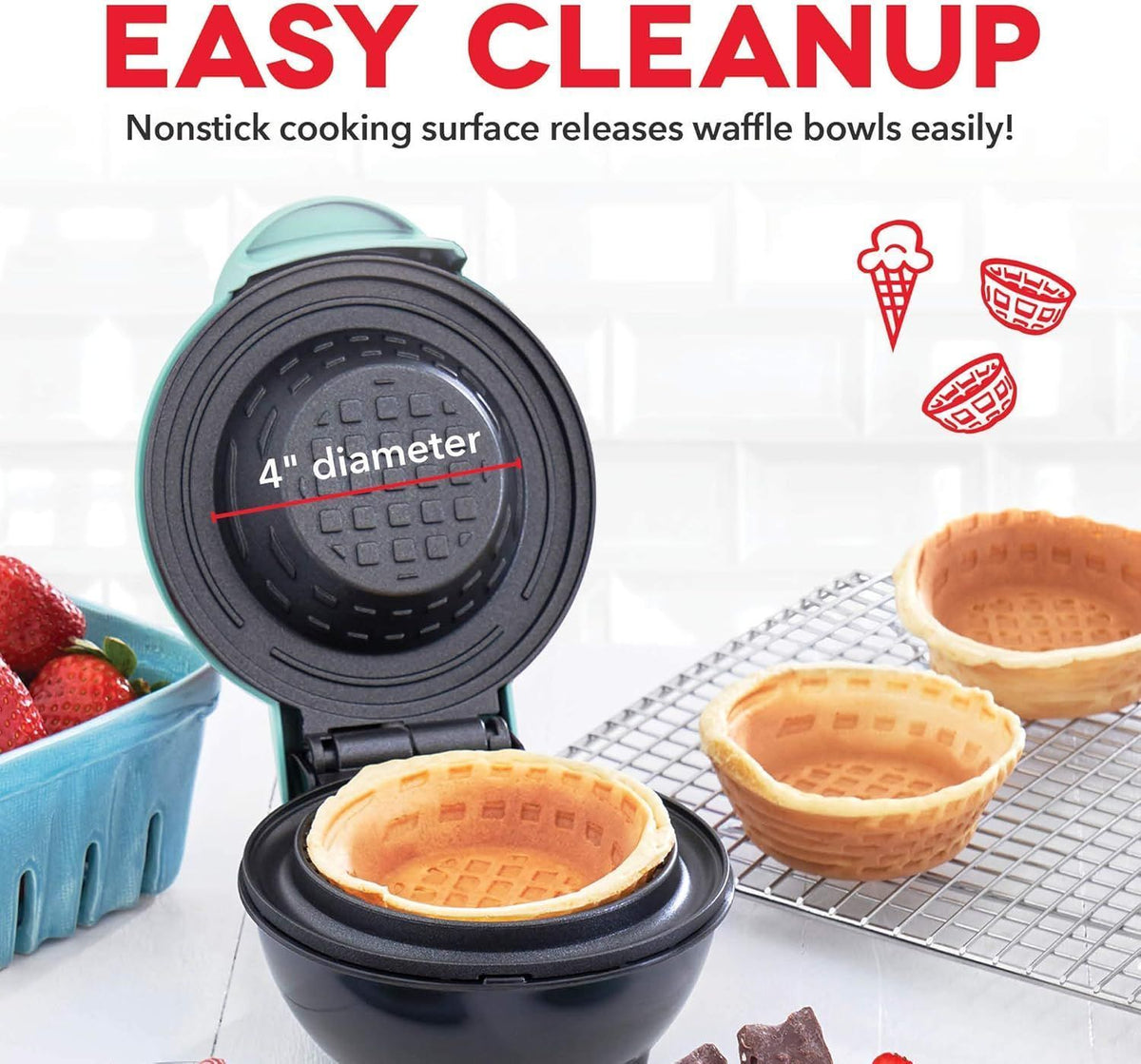 Mini Waffle Bowl Maker for Breakfast Burrito Bowls Ice Cream and Other Sweet Desserts