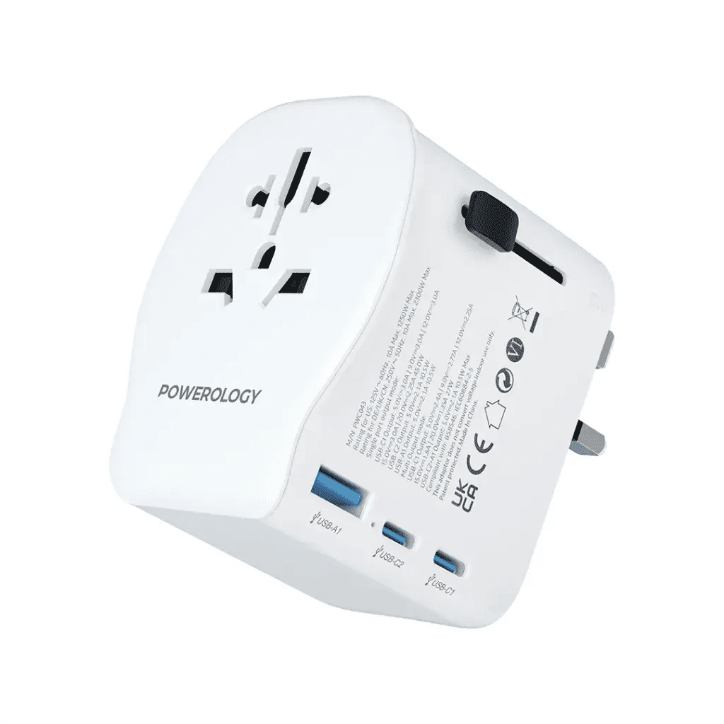 Powerology 2300W Universal Travel Adapter with 45W PD Fast Charging, GaN Technology