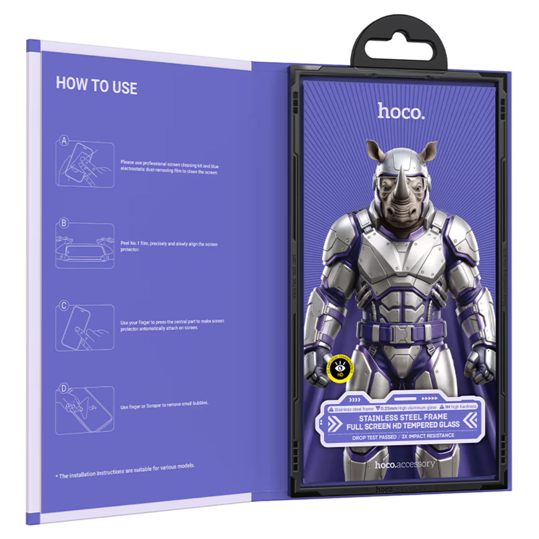 Hoco A43 Stainless Steel Frame Full Screen HD Tempered Glass for iPhone 18 Pro Max, iPhone 17 Pro Max, HD & High Transparency, Stainless Steel Frame