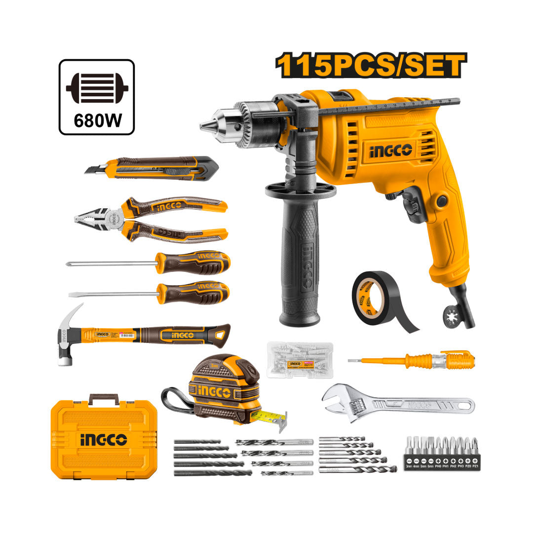 INGCO 115-Piece Home Tool Set with 680W Impact Drill - Complete DIY & Maintenance Kit