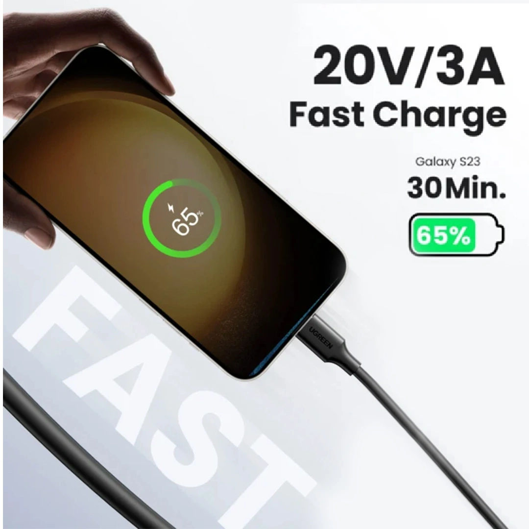 كابل UGREEN US286 من USB-C إلى USB-C للشحن السريع بنقل البيانات بقدرة 60 واط، بطول 1 متر
