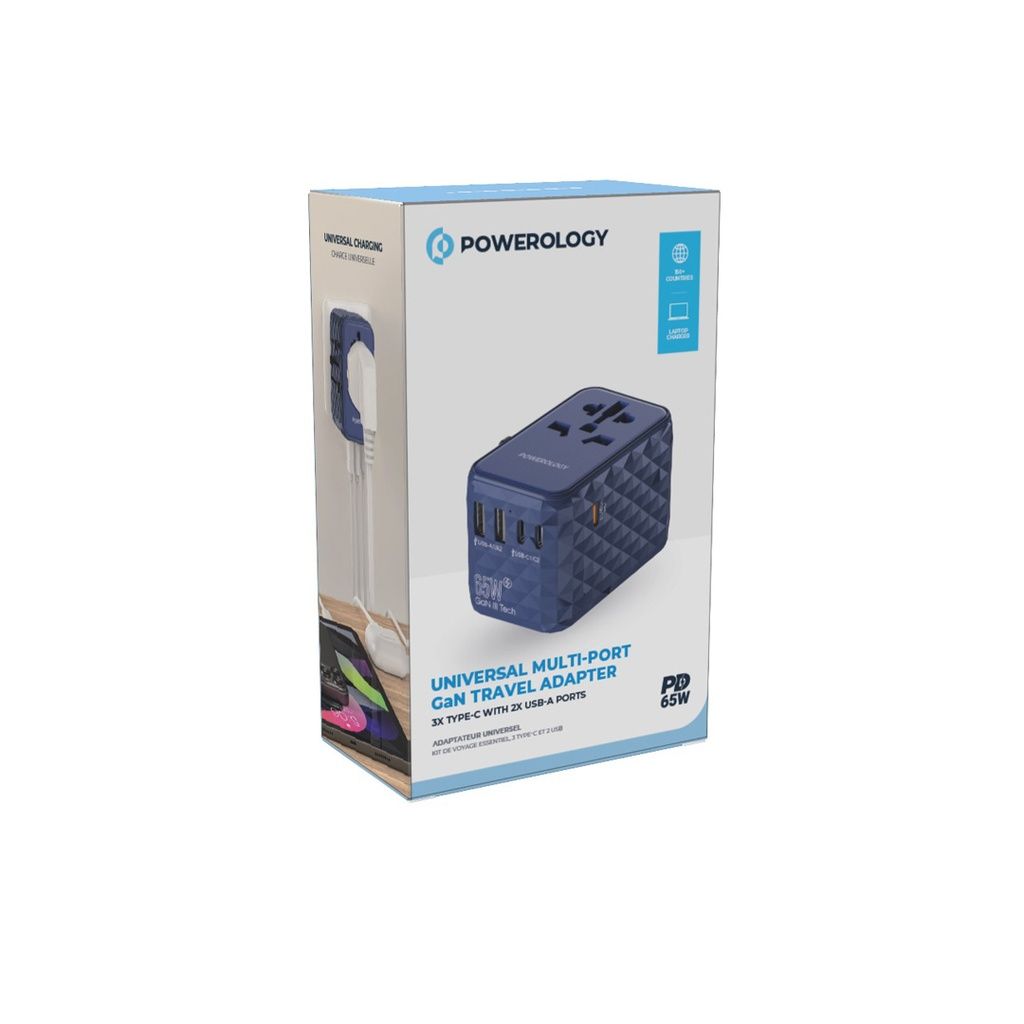 Powerology Universal Multi-Port Travel Adapter 65W, 4 USB-C + USB-A, Fast Charging