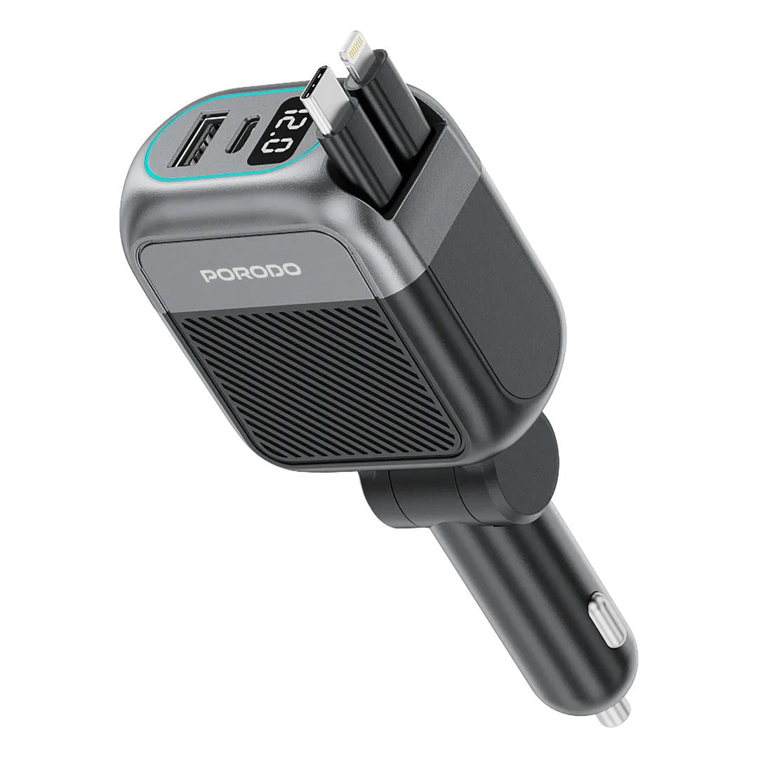 Porodo Spider Multi-Port USB Car Charger with USB-C to USB-C & Lightning Cable, Black