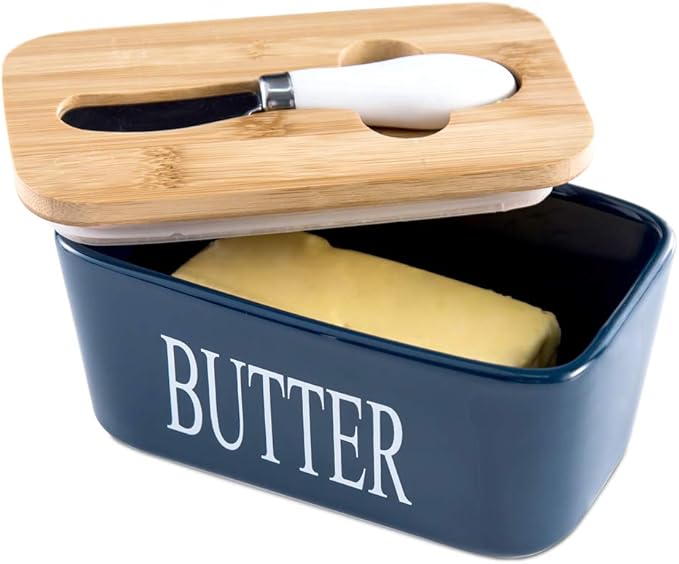 Modern Ceramic Butter Dish with Bamboo Lid & Spreader Set (Dark Blue)