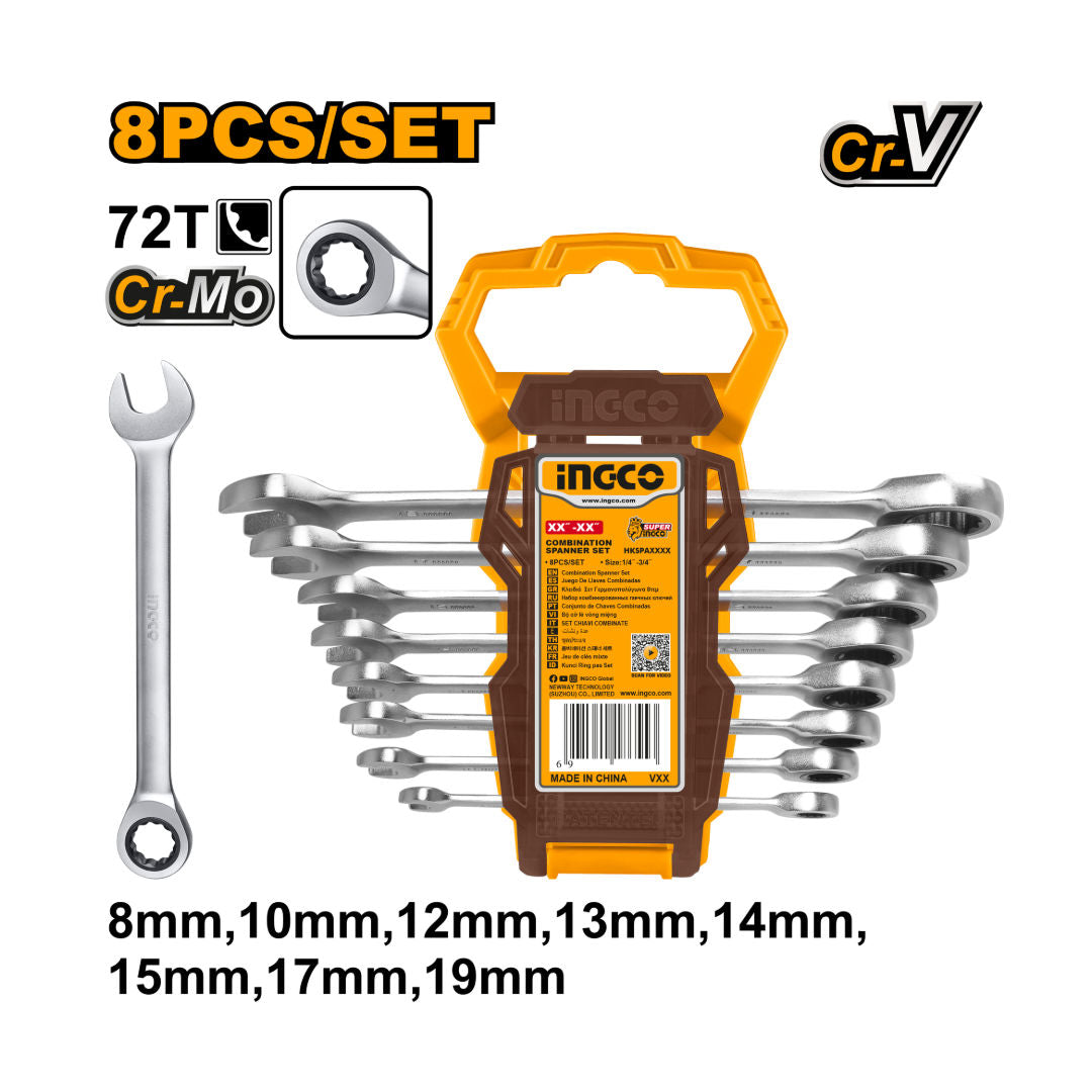 INGCO 8-Pieces Ratchet Spanner Set 8, (8/10/12/13/14/15/17/19mm)