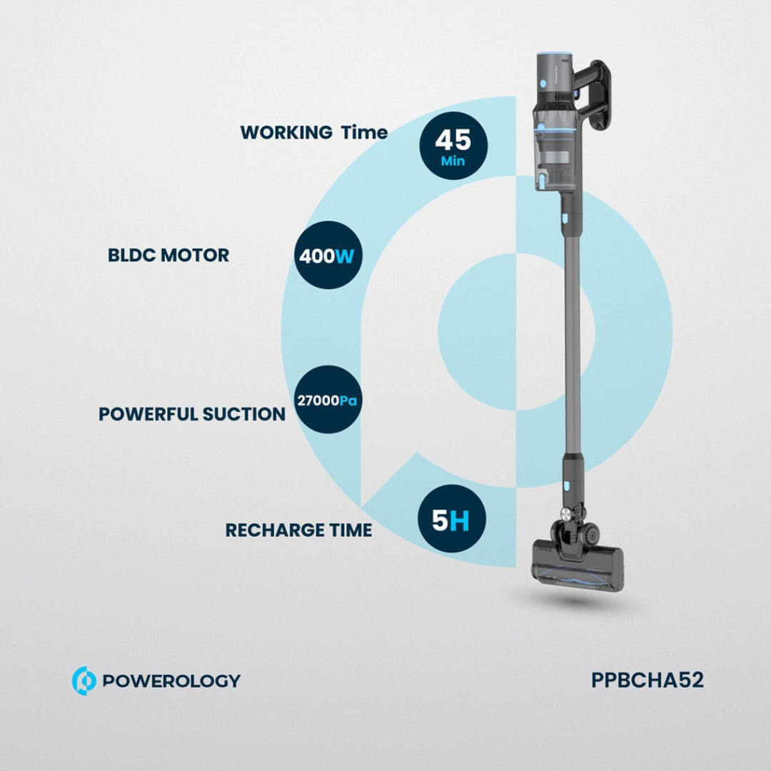 Powerology Cordless Stick Vacuum, 500mL Dust Bin, Black