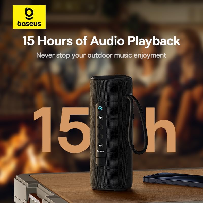 Baseus AeQur VO20 Portable Bluetooth 5.3 Speaker, Black, 15W Quad-Driver, IPX5 Waterproof, 15H Playtime