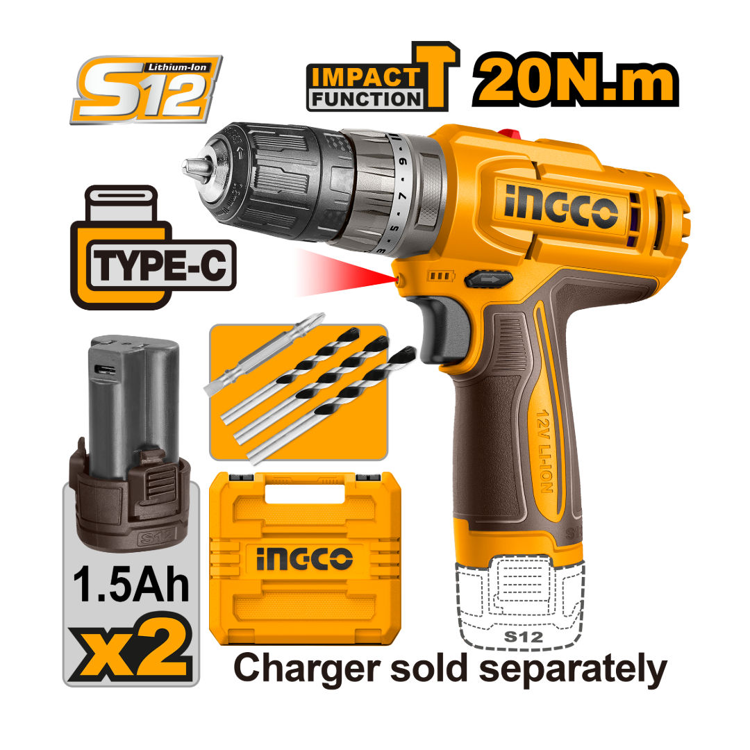 INGCO Cordless Impact Drill, 12V