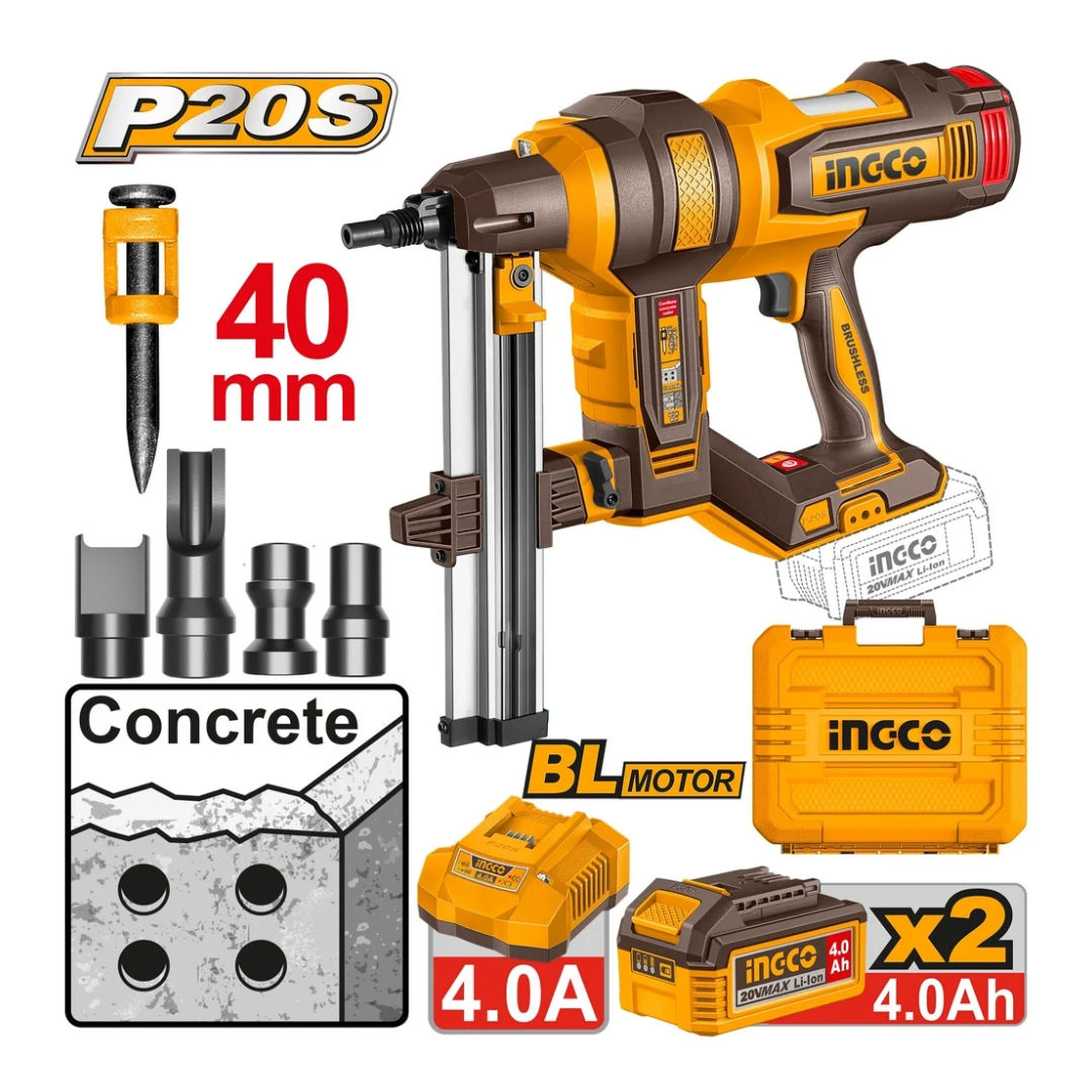 INGCO 20V Cordless Lithium-Ion Brad Nailer Kit With Battery, Charger And Accessories