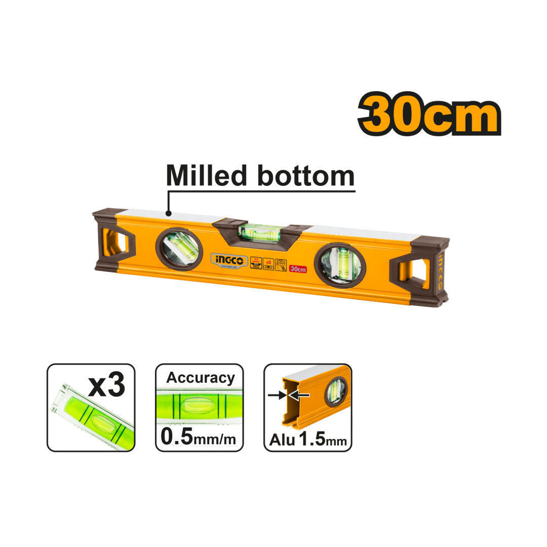INGCO Spirit Level, Double-milled, 0.5 mm/m vials, 1.5mm Thick
