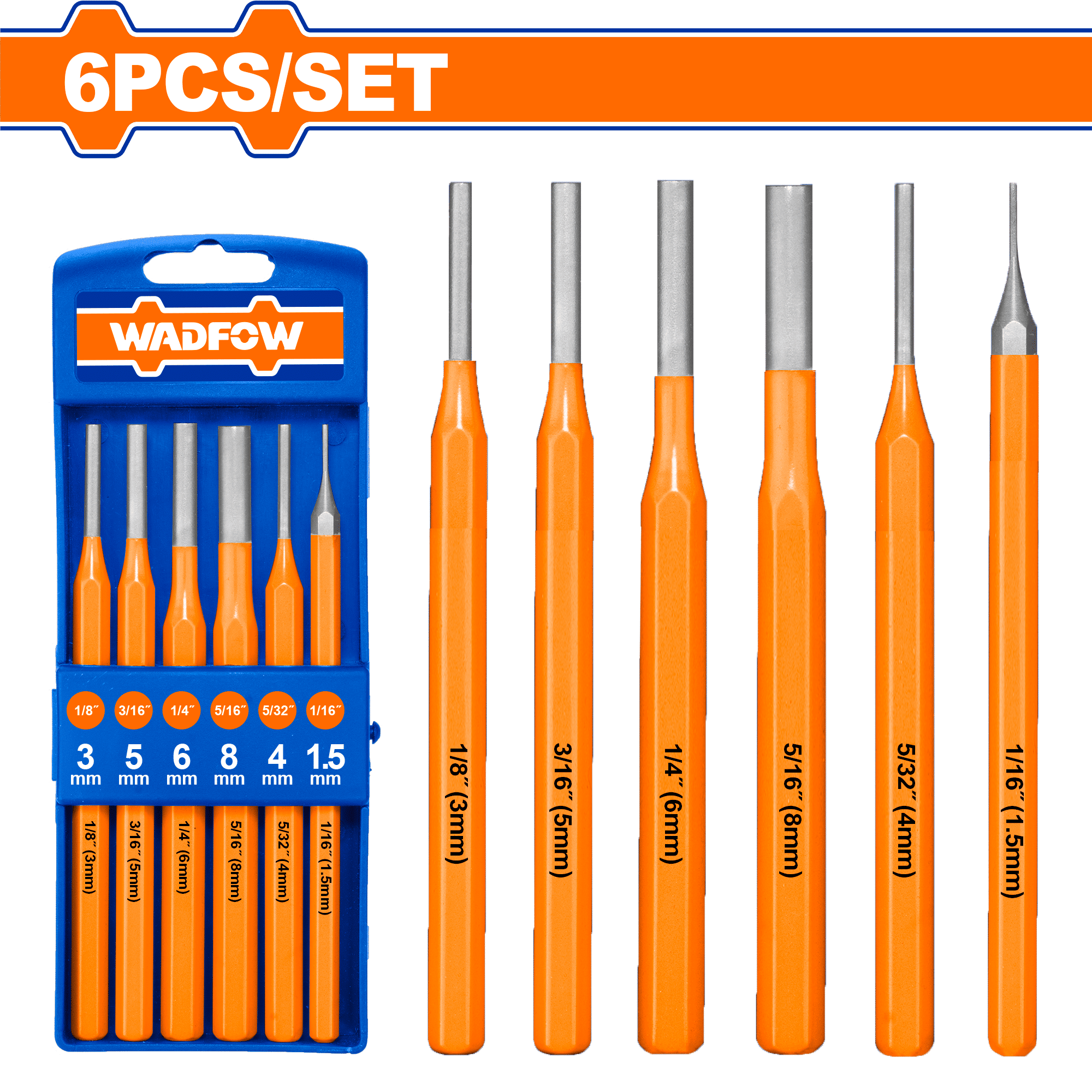 WADFOW 6 Piece Pin Punch Set, 40Cr Steel, 152 mm Length, 1.5-8 mm Sizes, Heat Treated, Plastic Box