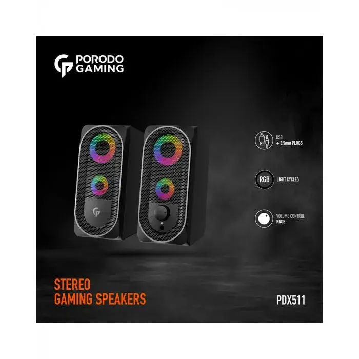 Porodo Gaming Stereo Bluetooth Speakers, 10W, RGB Lights, AUX & Bluetooth, Black