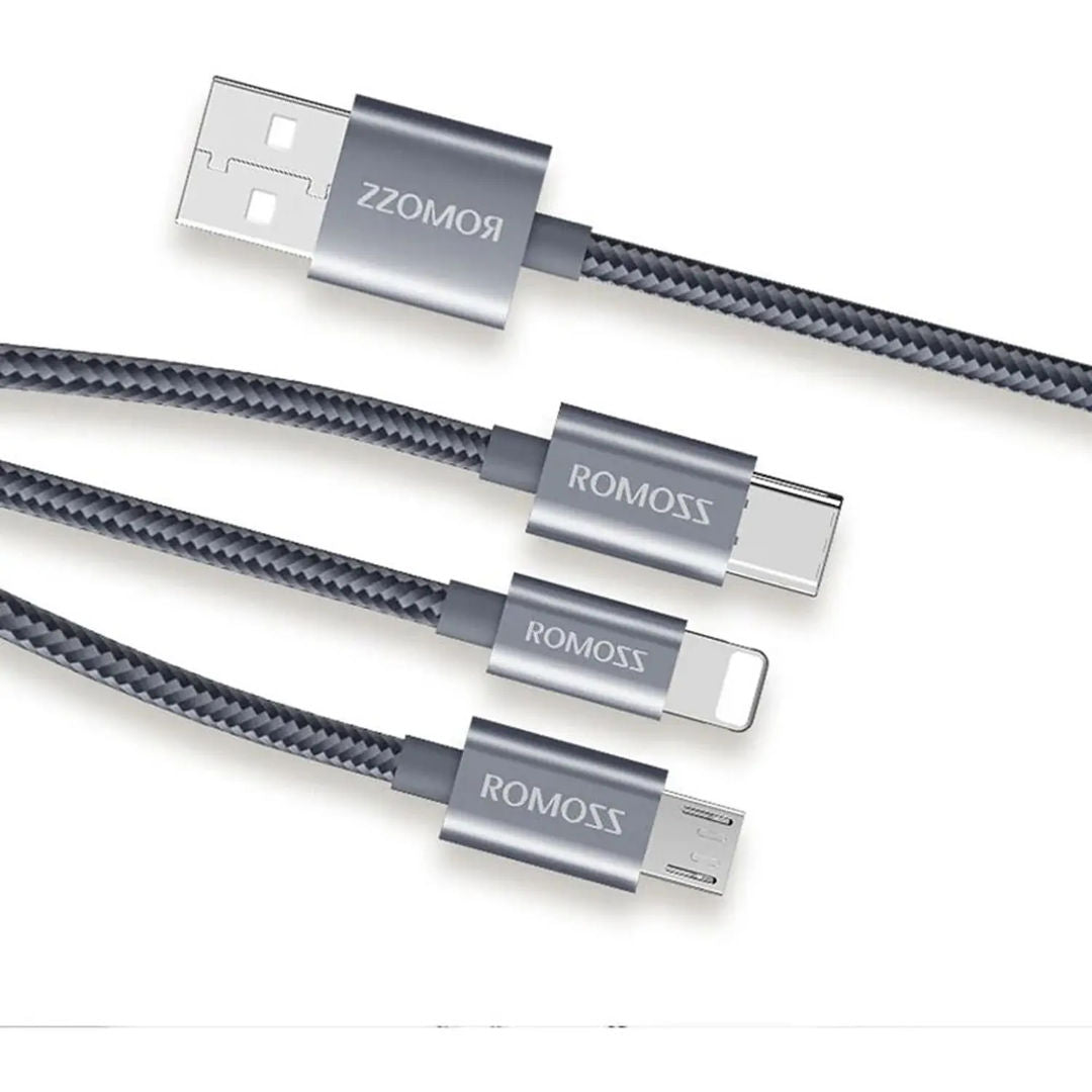 Romoss 3-in-1 USB Lightning + Micro USB + USB Type C Cable, Gray, CB25A