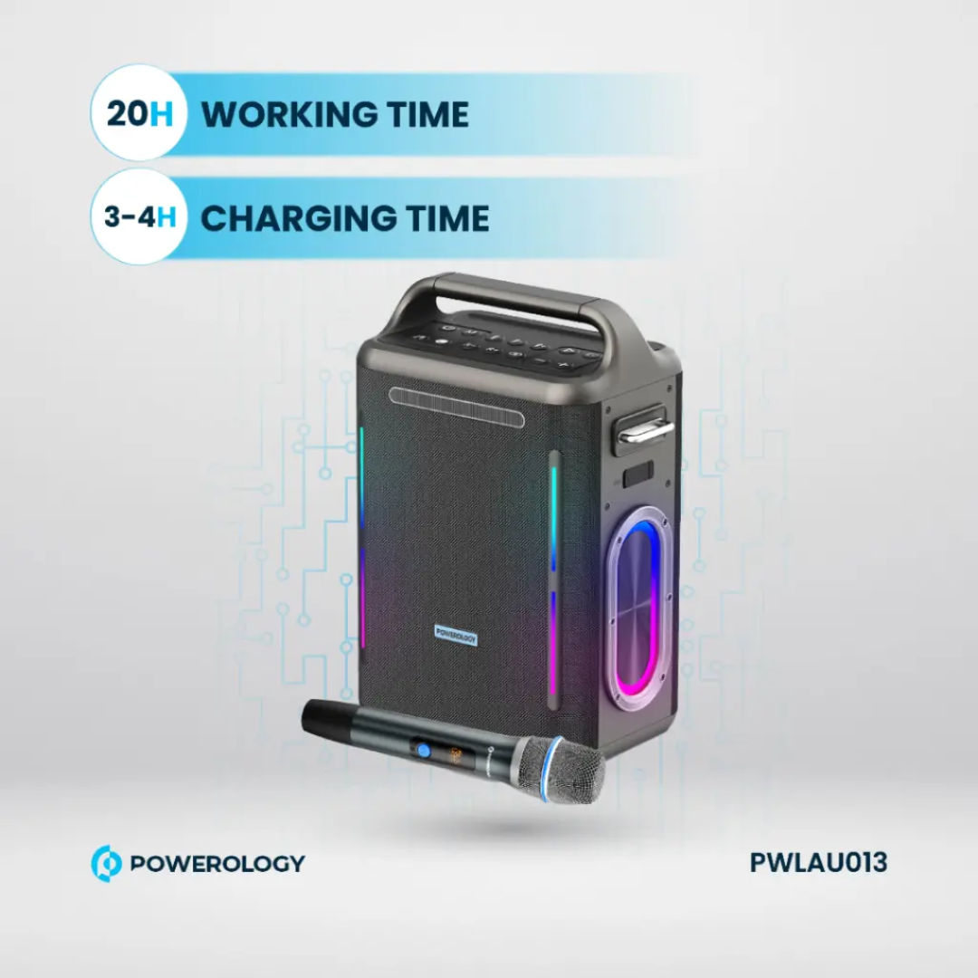 Powerology Karaoke Party Speaker, 300W Max Output, Bluetooth V5.3, 30000mAh Battery, Silver