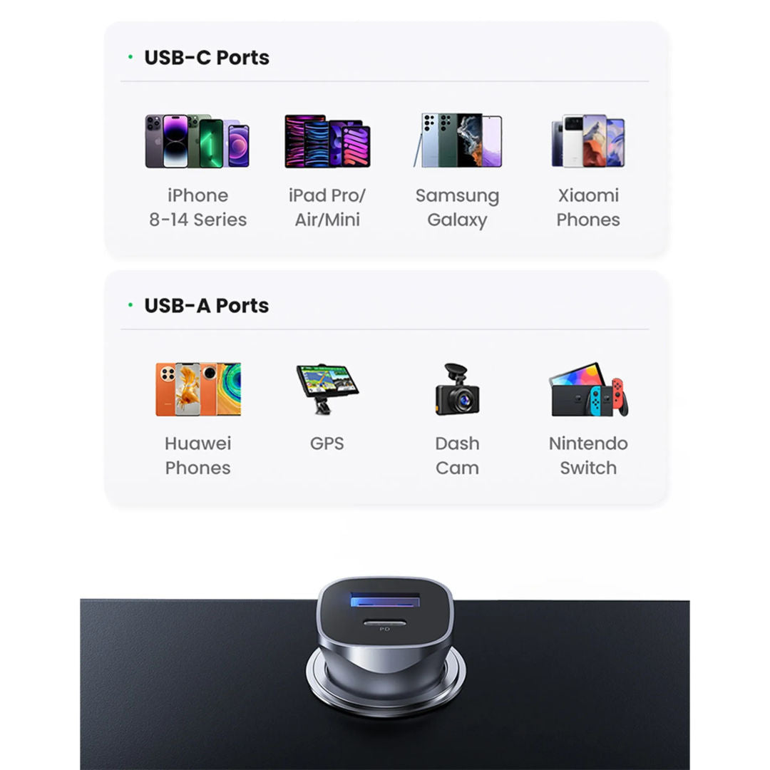 UGREEN CD130 52.5W Dual Port Car Charger with USB-C PD and USB-A QC Fast Charging