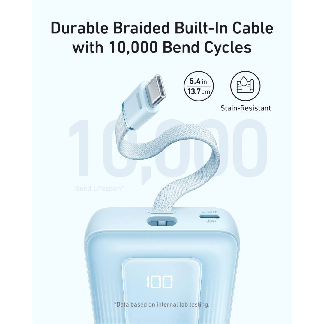 شاحن محمول من Anker بسعة 10,000 مللي أمبير في الساعة وبقدرة 30 واط، مزود بكابل USB-C مدمج، وشحن سريع، تصميم صغير الحجم، لون أزرق