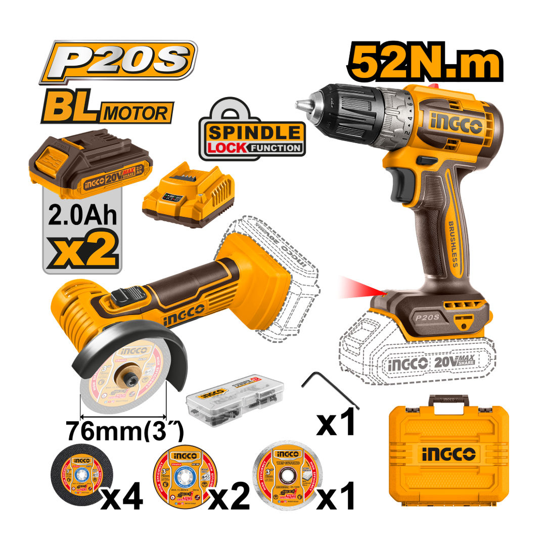 INGCO 2-Piece Combo Mini Cut-Off Tool + Brushless Drill, 20V