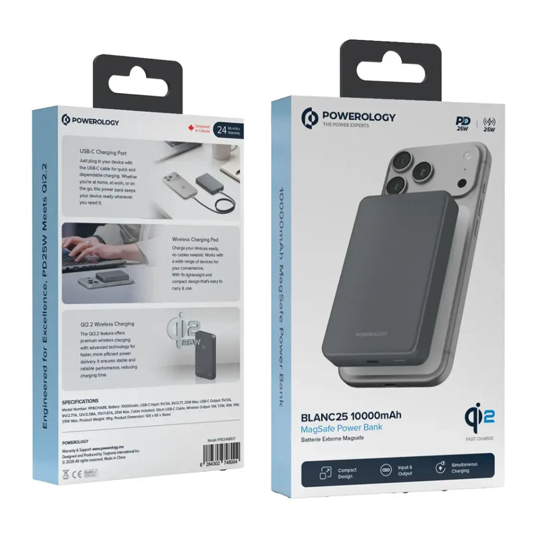 Powerology Blanc25 10000mAh MagSafe Power Bank, Gray