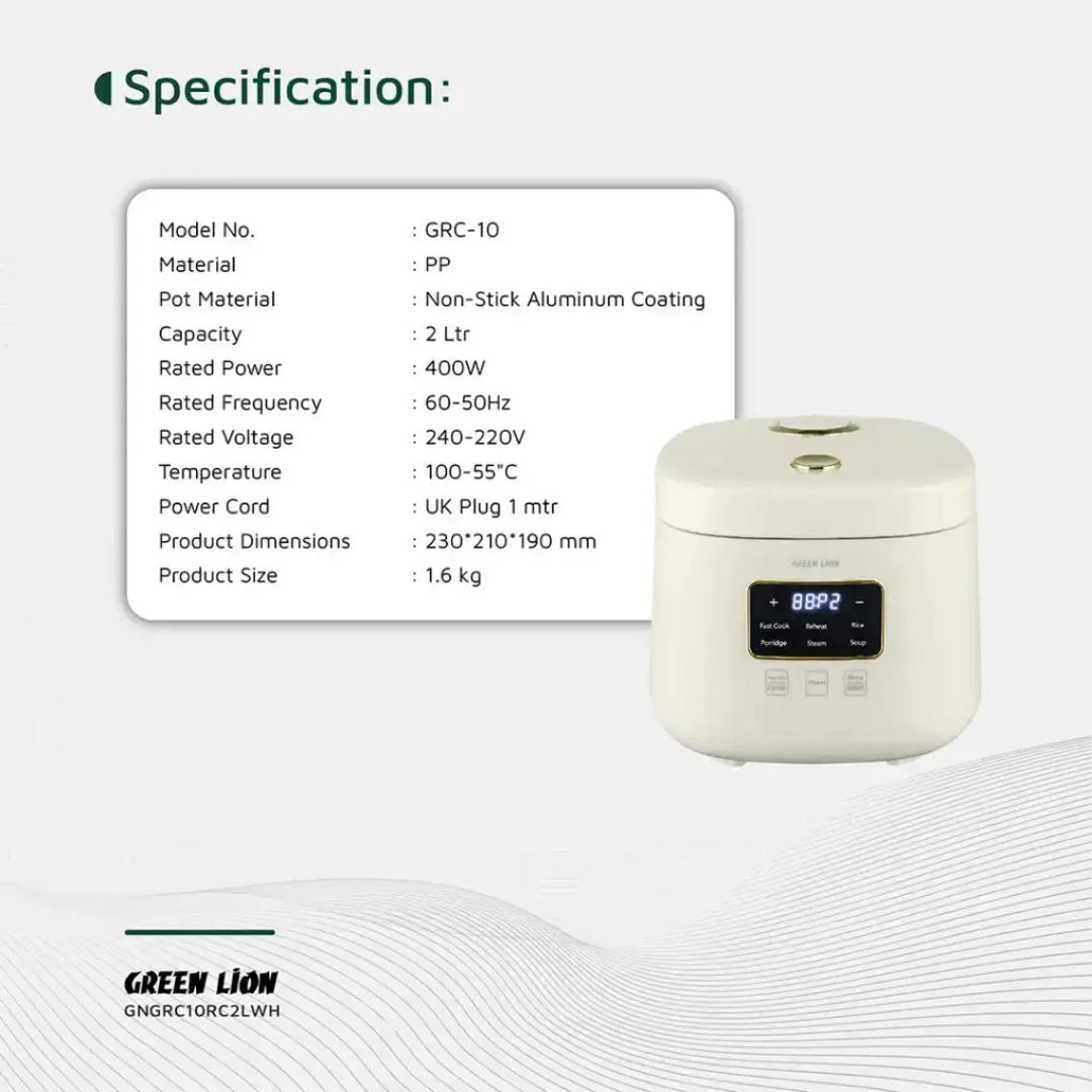 Green Lion GRC 10 Digital Rice Cooker 2L, Multi-Function Smart Cooker, White