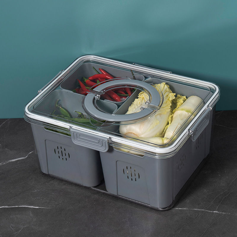 Portable 3-Compartment Fruit & Vegetable Storage Box - Grey