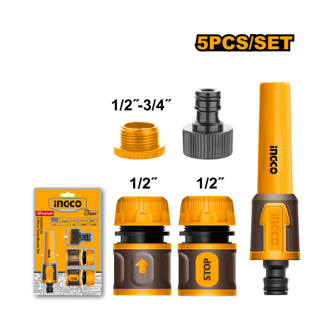 INGCO 5-Piece Twist Nozzle Set, 1/2" Quick Connector With Water Stop, 1/2" Quick Connector, 3/4" Tap Adaptor + 1/2" 3/4" Reducer, 5" Twist Nozzle