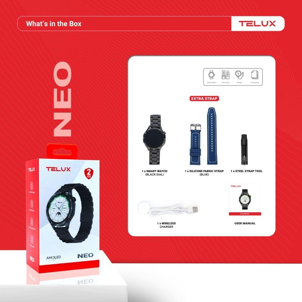 Telux Neo Smartwatch, 1.43 AMOLED, 300mAh Battery, IP68 Waterproof, Black