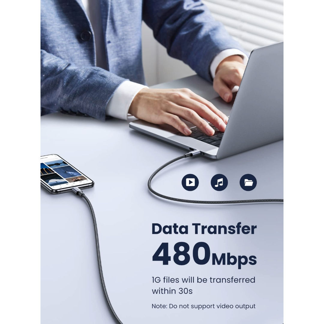 كابل الشحن السريع المضفر من UGREEN من USB-C إلى USB-C بتقنية Power Delivery بقدرة 100 واط، لون رمادي فضائي، طول 1 متر