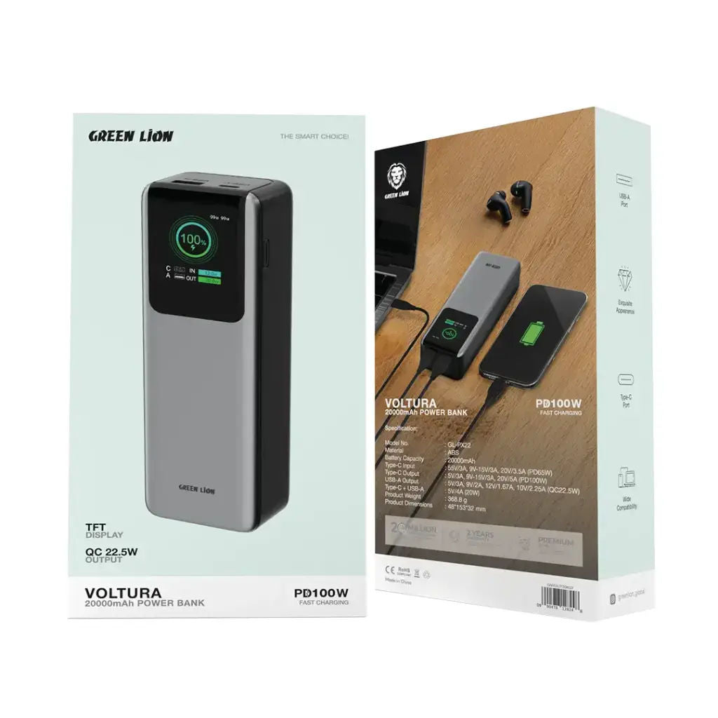 Green Lion Voltura 20000mAh Power Bank PD 100W, USB-C Fast Charging, TFT Display, Grey