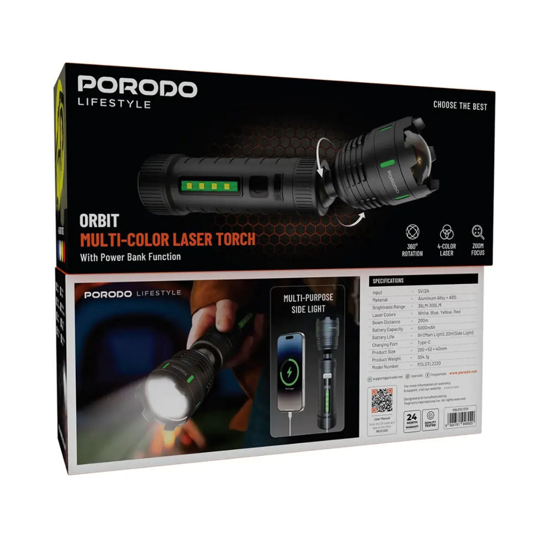 Porodo Lifestyle Orbit Multi-Color Laser Torch with Power Bank Function, Black
