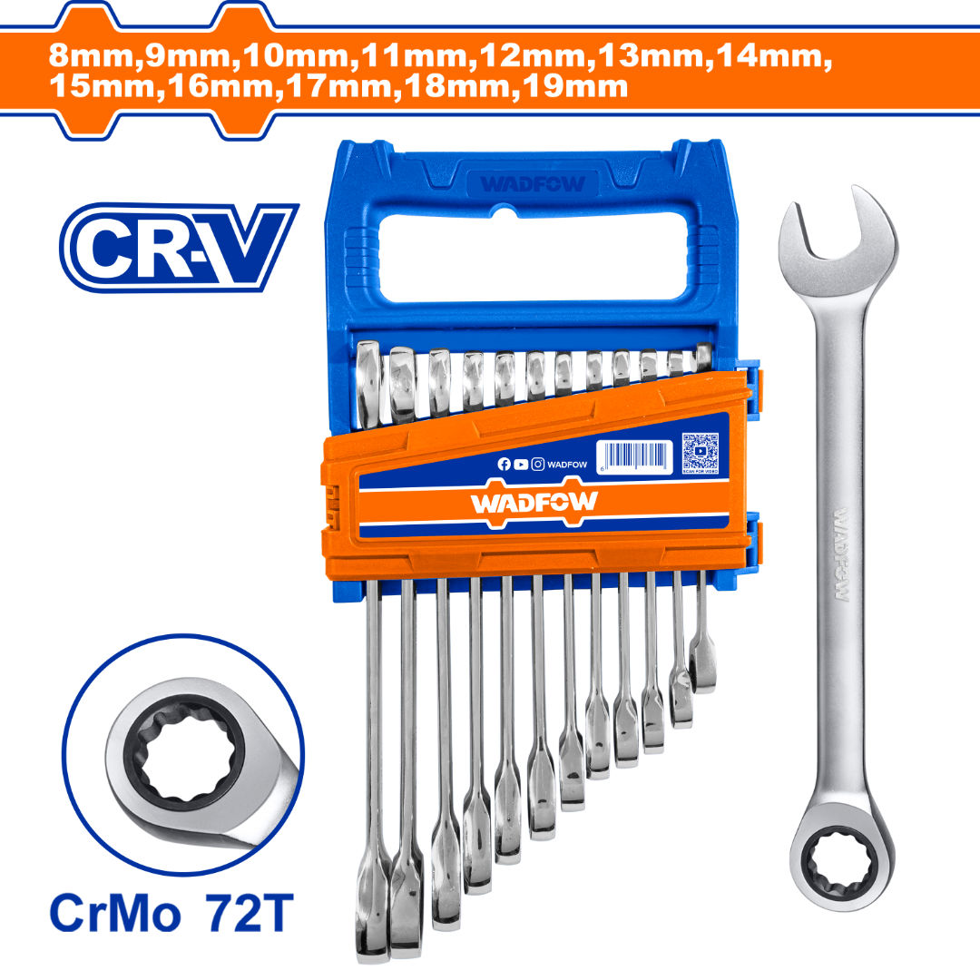 مجموعة مفاتيح ربط سقاطة WADFOW 12 قطعة، 8-19 مم، سقاطة Cr-Mo، Cr-V مصقول بدقة