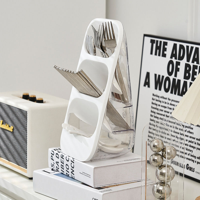 مجفف أدوات المائدة العمودي الحديث وحامل أدوات المائدة – حامل ملاعق بثلاثة أرفف (أبيض)